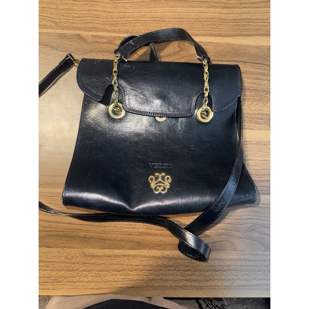 Vintage Designer Velez Black Leather Shoulder Handbag Made In Columbia